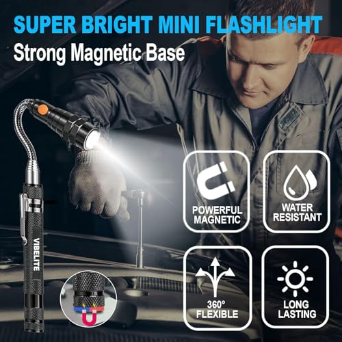 Extendable Magnetic Flashlight with Telescoping Magnet Pickup Tool, 2 Pack | Cool Gadget, Dad Gifts, Birthday Gifts for Men, Dad, Husband, Him, Father, Mechanic, Boyfriend, Women, Black