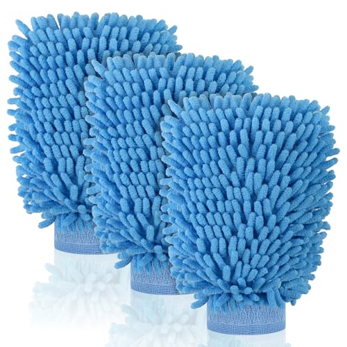 3 Pack Chenille Microfiber Car Wash Mitt, 7" x 9.6", Blue | Car Washing Mitts, Home Dusting Gloves, Scratch Free Lint-Free, Highly Absorbent, Double Sided, for Cleaning Detailing Polish - color: Blue