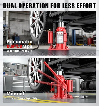 20 Ton Air Hydraulic Bottle Jack, 10-3/8" to 20-1/16" Lift Range, Manual and Air Pump Dual Operation, for Car, Auto Repair, Truck, Industrial Engineering