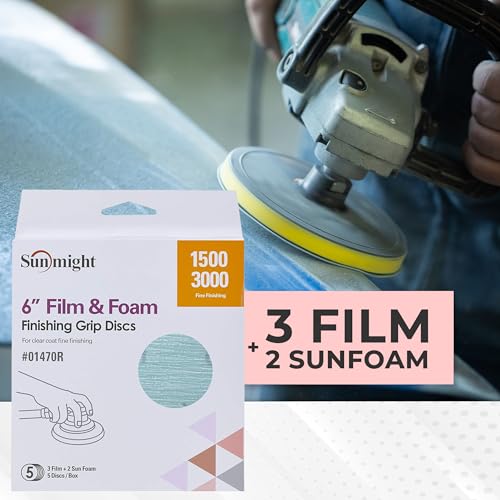 Koda Sunmight Film 6 Inch Sanding Discs 1500 Grit & 3000 Grit Foam Sander Pad- Wet/Dry Orbital Hook and Loop Sanding Discs - Aluminum Oxide - Automotive Polish Finish Soft Foam Pad - 3 Film 2 Foam Set