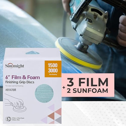Koda Sunmight Film 6 Inch Sanding Discs 1500 Grit & 3000 Grit Foam Sander Pad- Wet/Dry Orbital Hook and Loop Sanding Discs - Aluminum Oxide - Automotive Polish Finish Soft Foam Pad - 3 Film 2 Foam Set