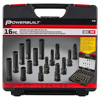 Powerbuilt 16 Piece Locking Lug Nut Master Key Set, Wheel-Lock Removal Tool Kit for for Spline Star and Hex Style Keys, Universal Thin-Walled/Extra-Long Lug Nut Socket Set - 647860 - style: Locking Lug Nut