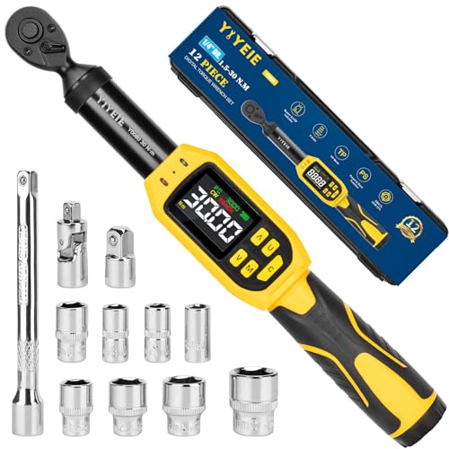 YIYEIE 1/4" Digital Torque Wrench Set | 13.5-265 in-lb | ±1% Accuracy | Deep-Reach Head | Smart Alert Multi | 12PC Bike Torque Wrench Digital for MTB/Motorcycle, with Sockets & Adapters - size: 12PCS, style: 1/4-Inch (13.5-265 in.lb)