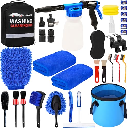 Car Wash Kit with Foam Gun, Bucket and Cleaning Tool, Car Washing Kit | Includes Wash Mitt Tire Brush Sponge Towels Brush Car Cleaning Kit for Interior and Exterior Cleaning, Home or Travel Use - size: XXL-26