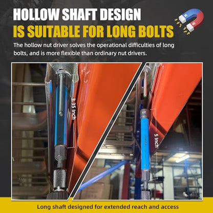 6 PCS Hollow Nut Driver Set, Magnetic nut driver set, Hollow Shaft Nut Driver Set, SAE, Color Coded, Hex Sizes, 1/4 to 9/16-Inch, Nut Setter, Hollow Nut Driver with 5-Inch Extended Reach - size: 6 PCS Hollow Magnetic Nut Driver Set