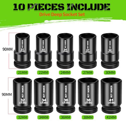 10PCS 1 In Drive Deep Impact Socket Set, Metric, CR-MO, 21,22,24,27,30,32,34,36,38,41mm, Deep Spindle Axle Nut Impact Socket Set - color: 10pcs 1" Metric 21mm-41mm