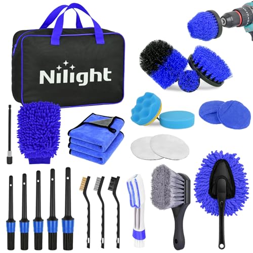 Nilight 27PCS Car Detailing Kit Auto Cleaning Tools Wash Set with Storage Carry Bag Home Use for Interior Exterior Deep Clean Polish Car Care Windshield Dashboard Seat Air Vents Wheels Tires, Blue - color: 27PCS Set, Blue
