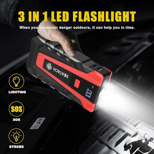 Scatach 5000A Jump Starter, 12V Jump Starter Battery Pack Portable (up to 9.0L Gasoline and 7.0L Diesel Engine), Car Battery Jump Starter Jump Box with LED Light and Jumper Cables - color: ‌dark red