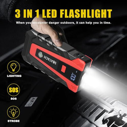 Scatach 5000A Jump Starter, 12V Jump Starter Battery Pack Portable (up to 9.0L Gasoline and 7.0L Diesel Engine), Car Battery Jump Starter Jump Box with LED Light and Jumper Cables - color: ‌dark red