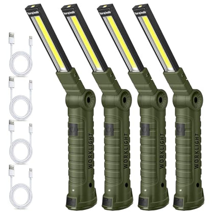 LED Work Light Rechargeable Flashlight, Tool Gifts for Fathers Day Dad Husband Men Boyfriends Him Mechanic Grill Light Inspection Lamp Magnetic Base 5 Modes 360° Rotate Car Emergency Repair Green 4PCS - color: Army Green 4PCS