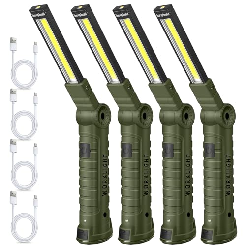 LED Work Light Rechargeable Flashlight, Tool Gifts for Fathers Day Dad Husband Men Boyfriends Him Mechanic Grill Light Inspection Lamp Magnetic Base 5 Modes 360° Rotate Car Emergency Repair Green 4PCS - color: Army Green 4PCS