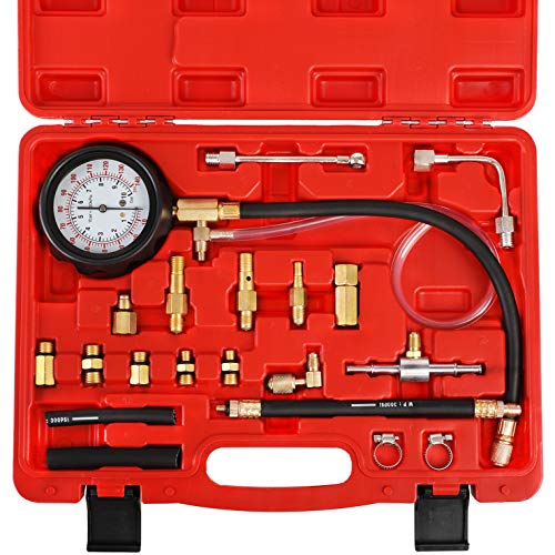 YSTOOL Fuel Pressure Tester Engine Injector Pump Test Gauge Kit 140PSI | Automotive Gasoline Gas Injection Manometer Tool Set with Inline Fitting Schrader Adapter for Auto Car Motorcycle Red Case