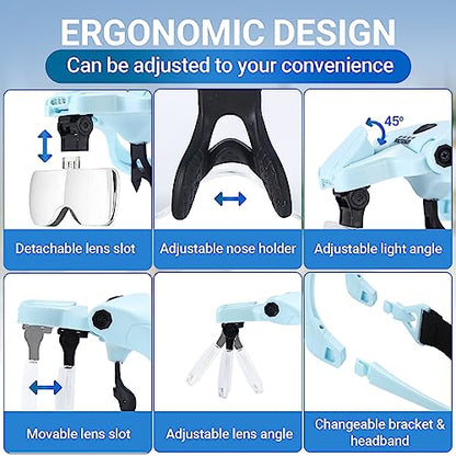 YOCTOSUN Magnifying Glasses with Light for Close Work, Head Magnifier with 4 LED Lights and 5 Detachable Lenses 1X to 3.5X,Rechargeable Hands Free Headband Magnifier Glasses for Crafts, Hobby - color: Light Blue