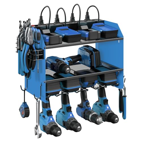 CCCEI Wall Mount Modular Tool Charging Organizer, Blue, 1 Pack, 3 Tier. | Drill Battery Storage Rack with Hooks, Garage Workshop, Gifts for Men, Dad, Husband Anniversary, Birthday, Christmas - color: Blue