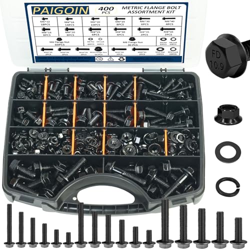 400pcs Metric Flange Bolt Assortment 10.9 Grade Black Hex Bolts M6x1.0, M8x1.25, M10x1.5 (12mm to 45mm) Assorted Nuts and Bolts Washers Kit for Automotive - size: Flange Bolts-400PCS KIT