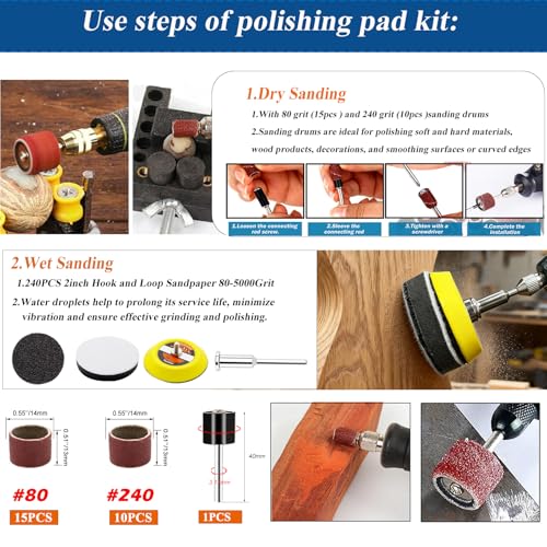 275PCS 2Inch Sanding Discs and Drum for Dremel Tool Accessories 80-5000 Grit Hook and Loop Sandpaper with 1/4" 1/8" Shank Sanding Pads Used for Resin/Rock/Making Jewelry Polishing - size: 2Inch-KIT