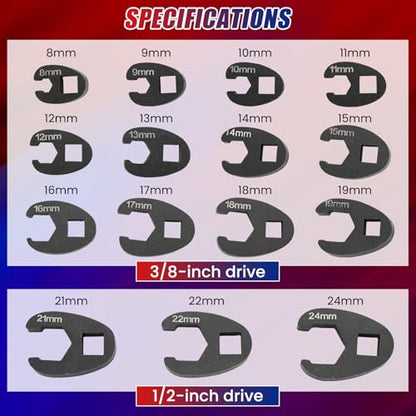 NYXOVA 15pc Crowfoot Wrench Set 1/2” & 3/8” Drive Tool, Metric Crows Foot Wrench Kit 8mm-24mm