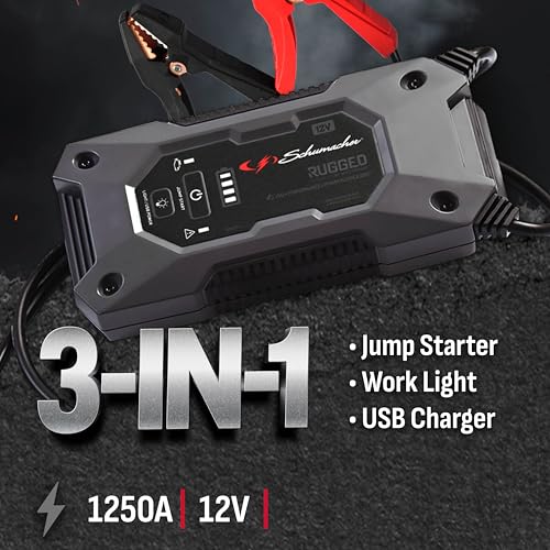 Schumacher Electric 1250A Rugged Lithium Car Battery Jump Starter and Portable Power Pack/Jump Box, 3-in-1 Solution, 2.4A USB Charging, for 12V Power Sport, Automotive, and Marine Batteries, SL1648 - style: 1250 Amp