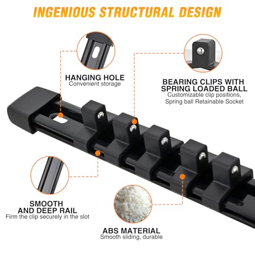 GOOACC Socket Organizer ABS Socket Holder Set 1/4" 3/8" 1/2" Drive Socket Rail Holders Stores up 43 Clips Impact Sockets Organizers Rails for Tool Box Drawer, 3 Piece Black - size: Clip Rail 3PC 1/4"3/8"1/2" Black