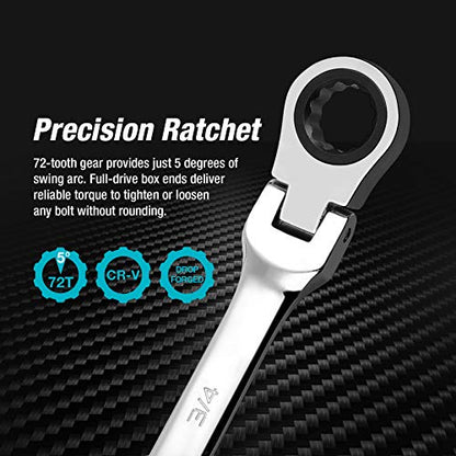 DURATECH Extra Long Flex-Head Ratcheting Wrench Set, 5-Piece, SAE | Double Box End, 5/16" to 13/16", 72-Tooth, 5° Swing Arc, for Narrow Spaces, CR-V Steel, Mirror Polished, EVA Foam Organizer