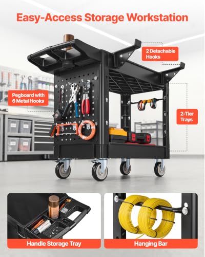 VEVOR Heavy Duty Utility Cart with Tray & Pegboard, 550 LBS 2 Tier Service Cart with 360° Swivel & Fixed Wheels (2 with Brakes), Plastic Rolling Cart, Tool Storage for Garage Warehouse Workshop - size: 39.76 x 17.32 x 33.27 in
