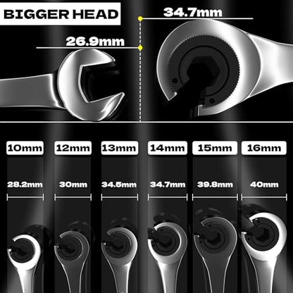 KJE 6PCS Metric 10-17mm Ratcheting Flare Nut Wrench, Brake Line Wrench Set, Ratcheting open end Tubing Wrench Set, 72-Tooth, CR-V, for Nuts on Fuel, Brake or Air Conditioning Lines, Gifts for Men