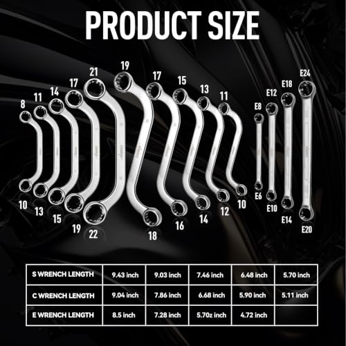 DISEN 14-Piece Half Moon&S-Style & E-Torx Wrench Set, CR-V, Wrench 5-Piece Half Moon Box Set Metric 8mm to 22mm,4-Piece E-Torx E6-E24,5-Piece S-Style Box 10-19mm,12 Point, EVA Foam Tool Organizer - style: 14 PCS