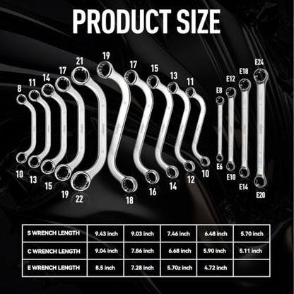 DISEN 14-Piece Half Moon&S-Style & E-Torx Wrench Set, CR-V, Wrench 5-Piece Half Moon Box Set Metric 8mm to 22mm,4-Piece E-Torx E6-E24,5-Piece S-Style Box 10-19mm,12 Point, EVA Foam Tool Organizer - style: 14 PCS