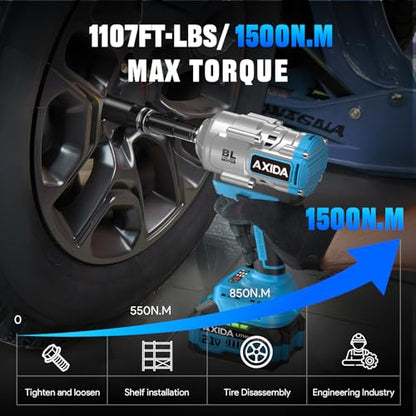 Cordless Impact Wrench with 2 x 4.0Ah Batteries 1107Ft-lbs (1500N.m),1/2" Brushless High Torque Impact Gun, 21V Electric Impact Driver, 3500IPM, 5 Socket,Variable Speeds for Car/Truck RV/Mower