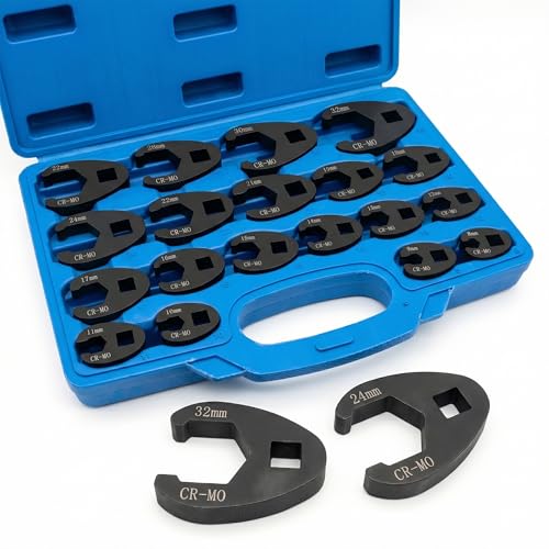 19PC 3/8” and 1/2” Drive Crows Foot Wrench Set, 8 to 32 mm Sizes Metric Crowfoot Wrench Set, Jumbo Flare Nut Wrenches, for 3/8in and 1/2in Drive Ratchet with Organizer Box