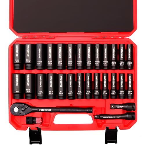 30-Piece 1/2" Drive Deep Impact Socket Set | SAE(3/8"–1")& Metric (10mm–24mm), Includes 3", 5" Extension Bars, Ratchet Wrench & Bit Adapter - size: 30 PCS, 1/2" Socket Set, Metric & SAE