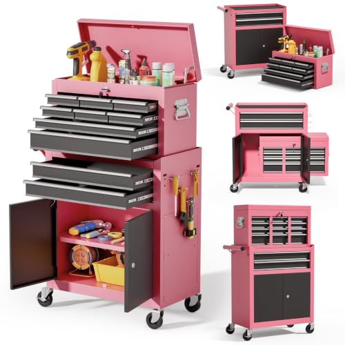 10-Drawer Rolling Tool Chest with Wheels, 2 in 1 Lockable Tool Box with Drawers, High-Capacity Mechanic Tool Organizer, Adjustable Shelf & Detachable Top Cabinet for Workshop Garage, Pink&Black - color: Pink&black