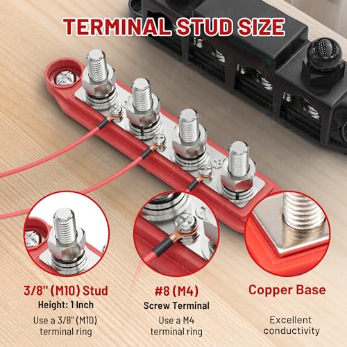 RED WOLF Bar Bus 4 x 3/8" Power Distribution Block, 3 x #8(M4) Screws Terminals Max 48V 150A Power Distribution Block Battery Buss Bar with Cover for Marine Automotive Solar Wiring