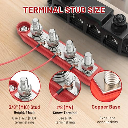 RED WOLF Bar Bus 4 x 3/8" Power Distribution Block, 3 x #8(M4) Screws Terminals Max 48V 150A Power Distribution Block Battery Buss Bar with Cover for Marine Automotive Solar Wiring