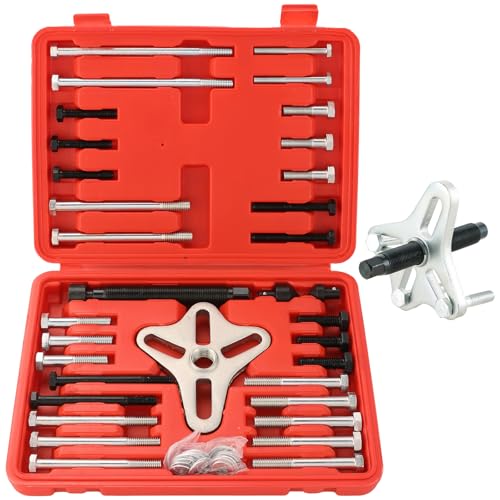 DASBET 46PCS Harmonic Balancer Puller Set, Steering Wheel Puller Kit Steering Wheel Flywheel Crankshaft Pulley Puller Crankshaft Pulleys and Gears for Most Cars, Pickups, SUVs (Red) - color: Red
