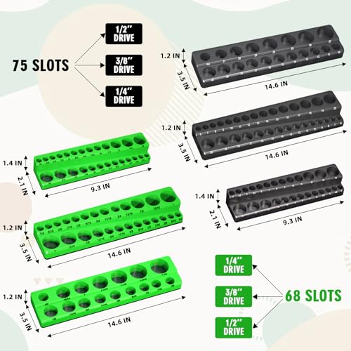 Magnetic Socket Organizer Holder Set For Tool Box Drawer, Toolbox Organization Including 1/4", 3/8" and 1/2" Drive Metric SAE Socket Trays (Sockets are not Included) - color: Green+Black