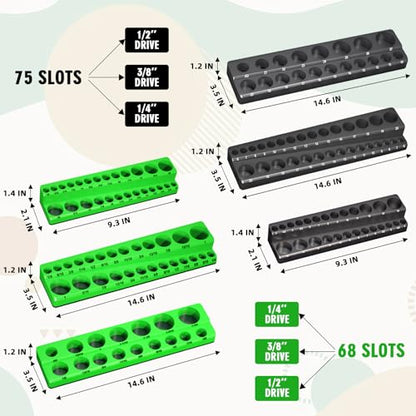 Magnetic Socket Organizer Holder Set For Tool Box Drawer, Toolbox Organization Including 1/4", 3/8" and 1/2" Drive Metric SAE Socket Trays (Sockets are not Included) - color: Green+Black