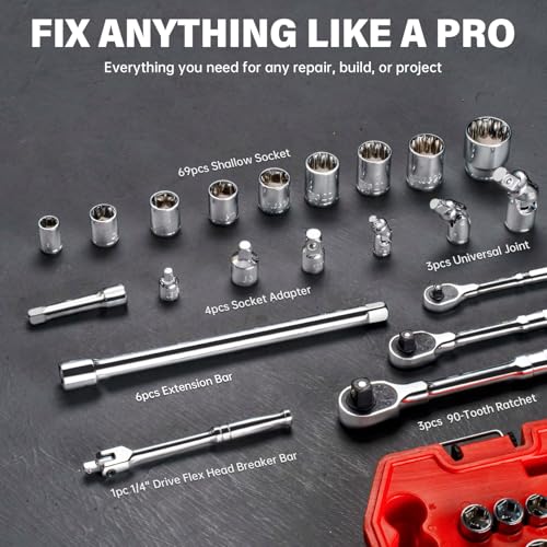 86-Piece Mechanics Tool Set, 1/4" 3/8" 1/2" Shallow Drive Socket & Ratchet Set, SAE/Metric, 90-Tooth Ratchet, Extension Bars, CR-V Steel Tool Kit with Storage Case - size: 86pcs 1/4" 3/8" 1/2" Shallow
