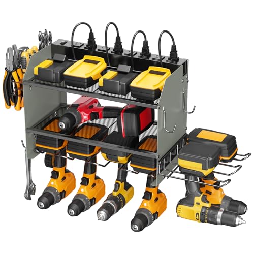 CCCEI Modular Power Tool Organizer Wall Mount Charging Station, Grey 6 Drills Holder with 8 Plug Power Strip 6FT, Garage Drill Battery Heavy Duty Metal Shelf, Utility Rack with Hooks, Side Storage. - color: Grey, size: 6FT Cord