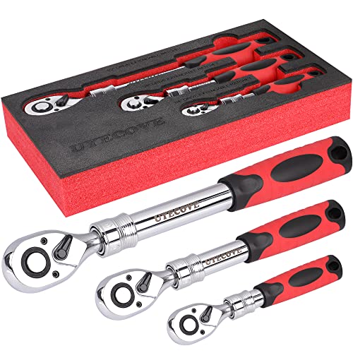 3-Piece Extendable Ratchet Set, 1/4 3/8 1/2 Inch Extendable Socket Wrench, Ratchet Wrenches Set 72-Tooth Quick-Release, Soft Grip Handle with Storage Tray - size: Extendable Ratchet Set - 3PCs (1/4", 3/8", 1/2")
