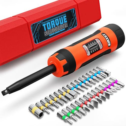 32 PCS 1/4" Drive Long Shank Torque Screwdriver, 10-80 Inch Pound Torque Screwdriver Set with S2 Bits and Socket Adapter for Maintenance, Tools, Bike Repairing and Mounting - size: 10-80 in.-lb. L