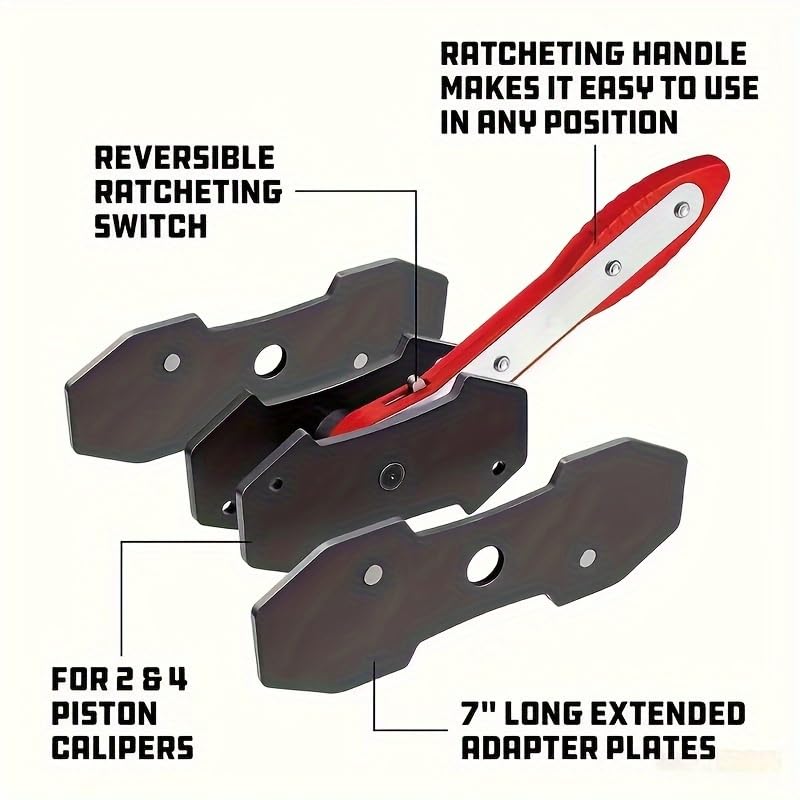 Brake Caliper Press Tool, Ratcheting Piston Compressor, Universal | Red anodized steel, disc brake service, piston compression, ratcheting operation, universal compatibility