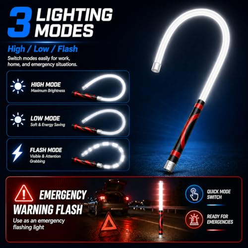 Flexible LED Light Stick 30", Rechargeable Bendable Mechanic Work Light, 1200 Lumens Inspection Light with 360° Flexible Neck, IPX6 Waterproof for Car Repair, Under Hood, Garage and Tight Spaces