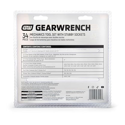 GEARWRENCH 34 Piece 72-Tooth 1/4 in. Drive Mechanics Hand Tool Set with Stubby Sockets | GW72SWS14 - size: 34 Piece, style: SAE/Metric