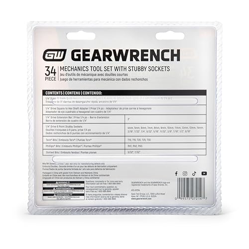 GEARWRENCH 34 Piece 72-Tooth 1/4 in. Drive Mechanics Hand Tool Set with Stubby Sockets | GW72SWS14 - size: 34 Piece, style: SAE/Metric