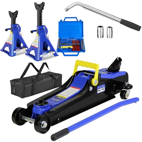 Set of 6 Floor Jack and Jack Stands, 2 Ton(4400lb) Low Profile Floor Jack w/1 Piston Quick Lift Pump, 2 Pcs 3T Jack Stand &12 Pcs Tire Repair Kit, L-Wrench,Floor Jacks Lifting Range 3.3"-15.2" - color: Lift 3.3"-15.2" 2 Ton(4,400lb) Blue Steel Set of 6