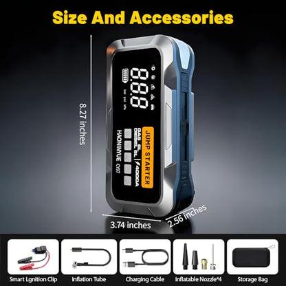 4000A Car Jump Starter with Air Compressor150PSI | Portable Car Battery Jump Starter, 12V Jump Box Battery Pack (8L Gas 6L Diesel Engine) with Boost, LEDLight and Jumper Cables - color: Sliver