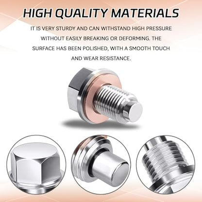 M12 x 1.5 Magnetic Oil Drain Pan Plug, Oil Pan Drain Plug Nut Bolt with 5 PCS Copper Crush Washer Gasket, Universal Engine Stainless Steel Oils Change Kit Leak-Proof Replacement for Most Vehicle - size: M12 x 1.5