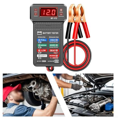 Car Battery Tester, 12V Digital Automotive Battery Tester with LCD Display, Battery Load Tester, Alternator Analyzer for Cars Motorcycles Trucks