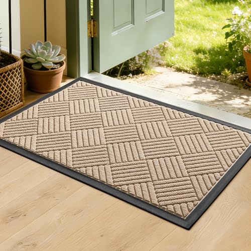 Front Door Mat, Heavy Duty Waterproof Rubber Doormat for Indoor Outdoor, Non-Slip Low Profile Dirt Trapper Absorbent Mat for Entryway, Stain Fade Resistant Easy Clean 31.5"x20", Beige - color: Beige, size: 1'8" x 2'8" (Rectangular)